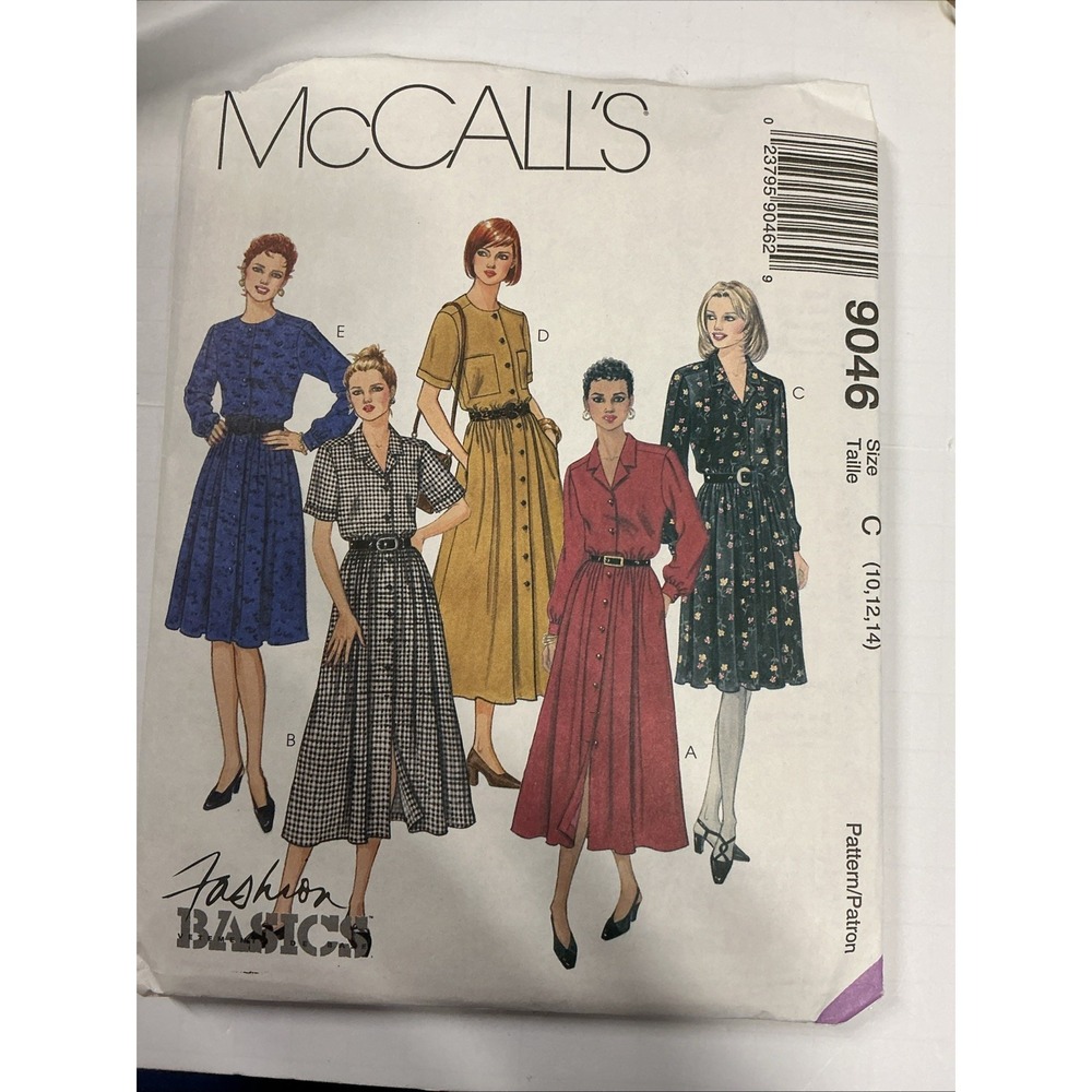 McCalls 9046 Sewing Pattern Dress Button Front Collar Miss Size 10, 12, 14 UNCUT